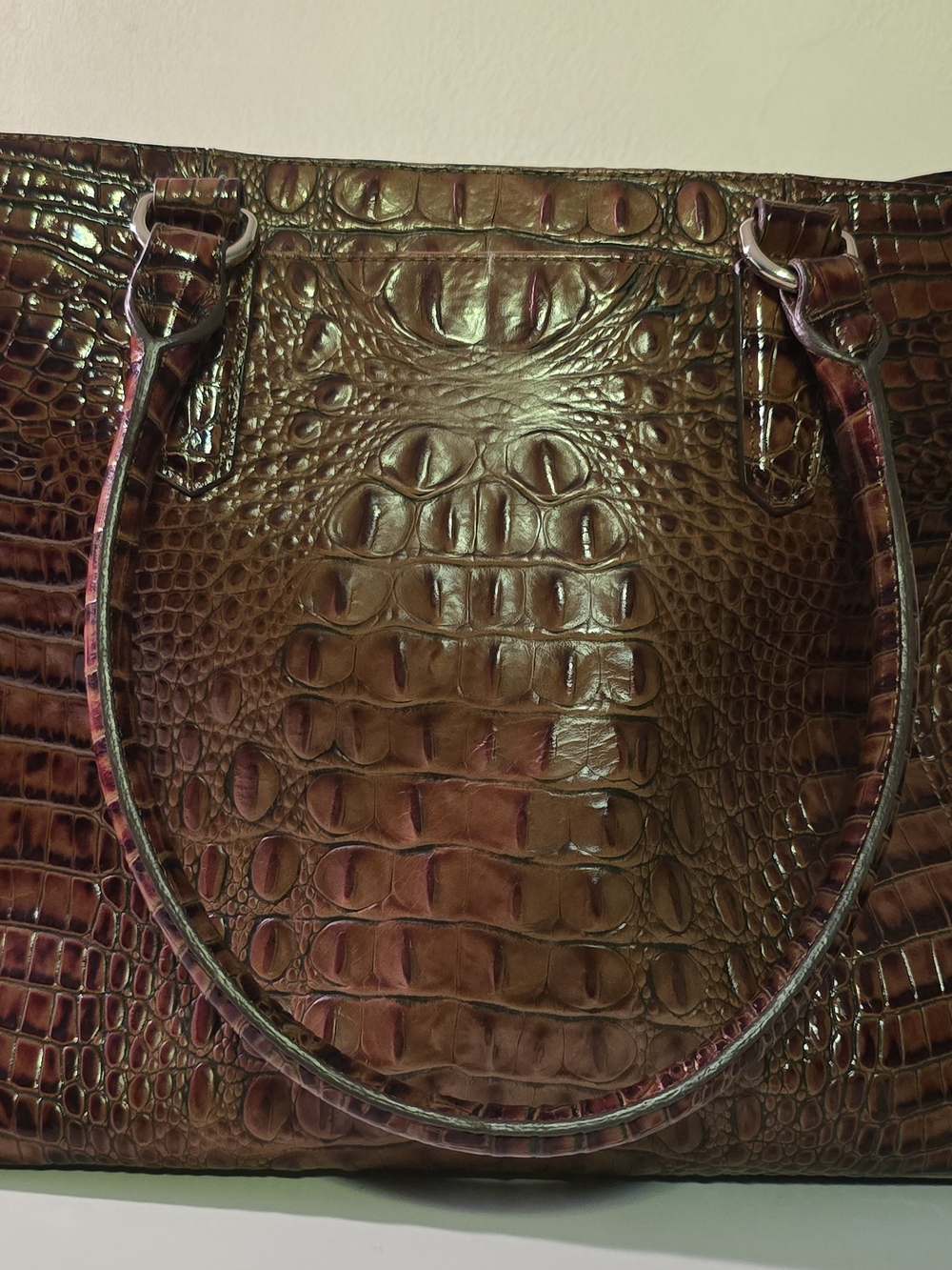 Brahmin Croc-Embossed Chocolate Brown Leather Tote